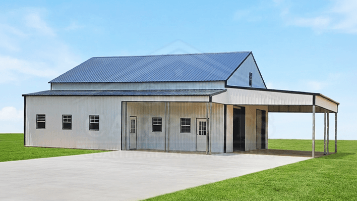 Light gray A-Frame barndominium with open framed bay and attached utility section — Get Carports