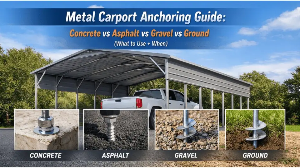 Metal Carport Anchoring Guide: Concrete vs Asphalt vs Gravel vs Ground (What to Use + When)
